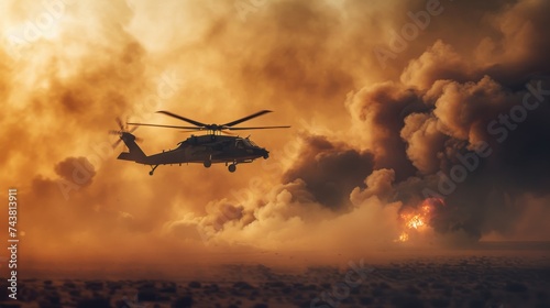 Amidst fire and smoke in the desert, a military chopper bravely crosses during an extraction mission