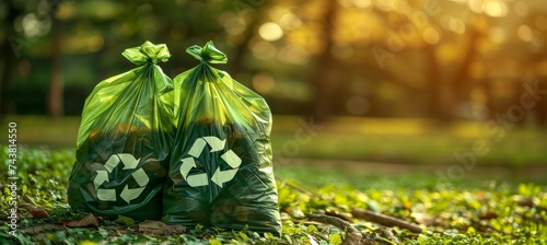 Eco friendly biodegradable plastic bags collection featuring universal recycling symbol