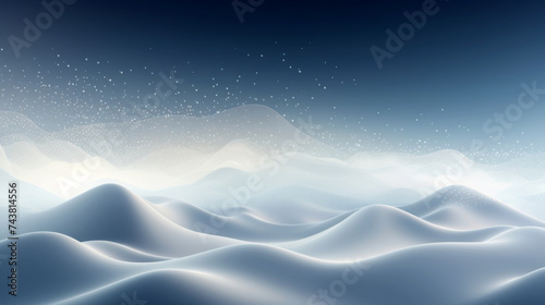 Abstract white and blue particle background. Flow wave with dot landscape. Digital data structure. Flow wave. landscape of smooth, snowy hills under a starry night sky, radiating calm and tranquility.