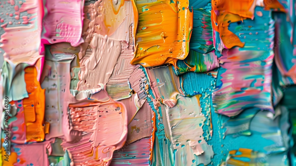 A macro shot of a vibrant, multilayered abstract painting with a focus on the texture and depth achieved through varied palette knife strokes and oil paint.