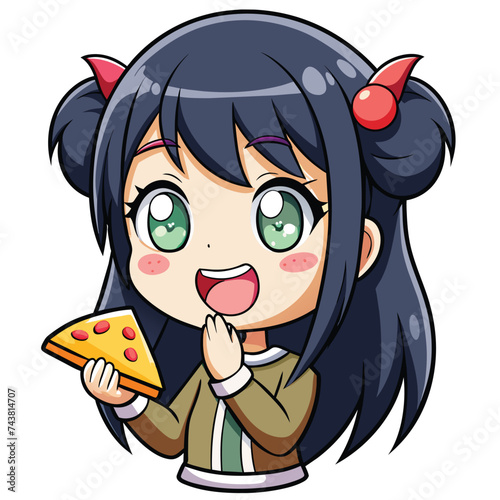 Immerse in the Allure: Anime Girl Delighting in Every Mouthful of Delectable Pizza photo