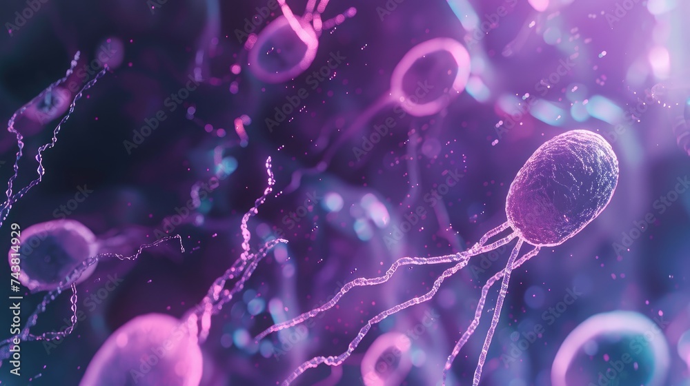 Close-up Illustration of Sperm Approaching an Egg Cell in a Vivid Microscopic View Close-up Illustration of Sperm Approaching an Egg Cell in a Vivid Microscopic View