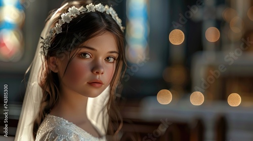 Serene Young Girl in First Communion Dress and Veil Inside Church