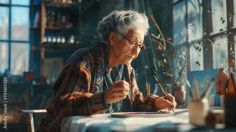 Elderly Woman Concentrating on Painting in a Bright, Sunlit Artistic Workshop