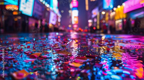 A close-up shot of colorful confetti scattered on a wet city street, reflecting the neon lights from nearby shop windows