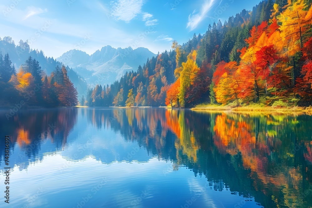Naklejka premium Vibrant Autumn Landscape Reflection on a Lake