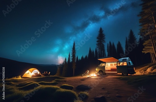 camper van parked under a star-filled sky in a remote forest clearing, a couple sitting outside by a campfire, the warm glow of lights inside the van, the Milky Way visible above 