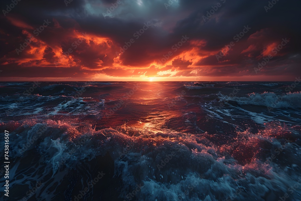 Dark Red Sunset Over Ocean Waves