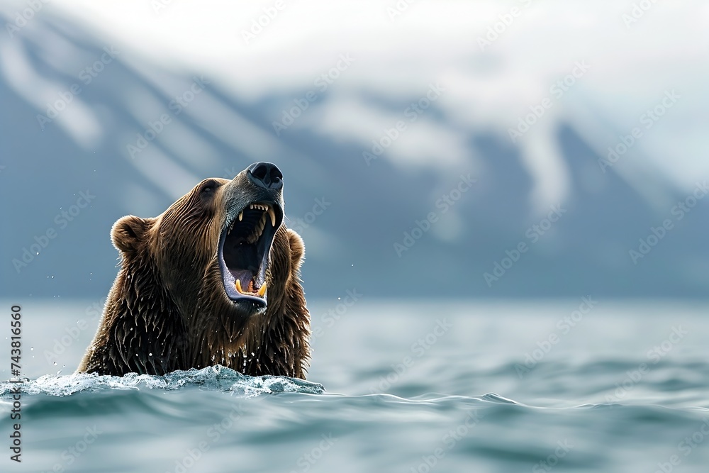 Grizzly Bear in Calm Water - obrazy, fototapety, plakaty 