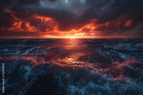 Dark Red Sunset Over Ocean Waves © artisticmeridian