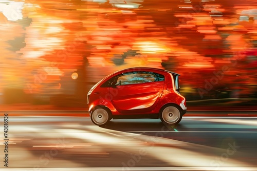 Small Red Electric Car Driving through a City © artisticmeridian