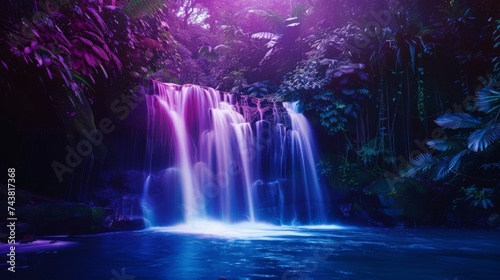 A surreal, vibrant jungle waterfall with abstract, glowing water and exotic, luminescent flora.