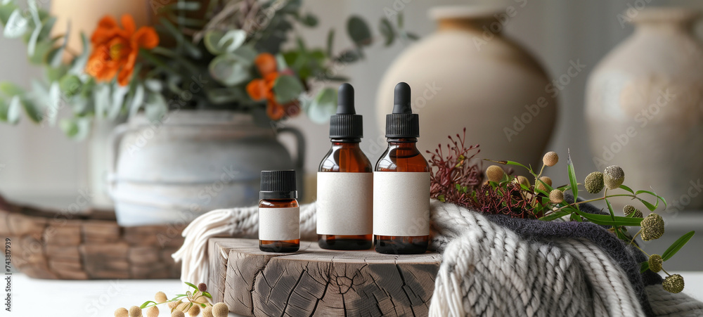 Bottles brimming with pure essential oils Bottles brimming with pure essential oils