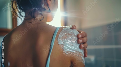 Body Care. Woman applying moisturizing lotion or cream to her shoulders at home. Skincare and pampering, beauty routine concept. Cropped, selective focus.
