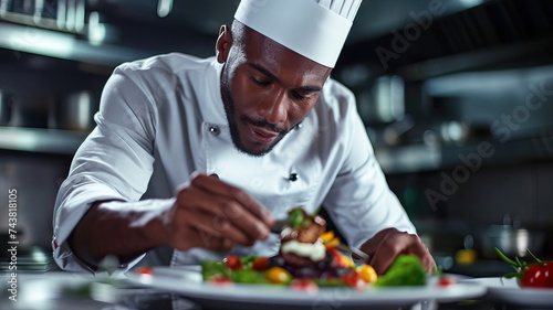Culinary Creativity: A black chef preparing a gourmet dish, showcasing culinary skills and creativity in the kitchen