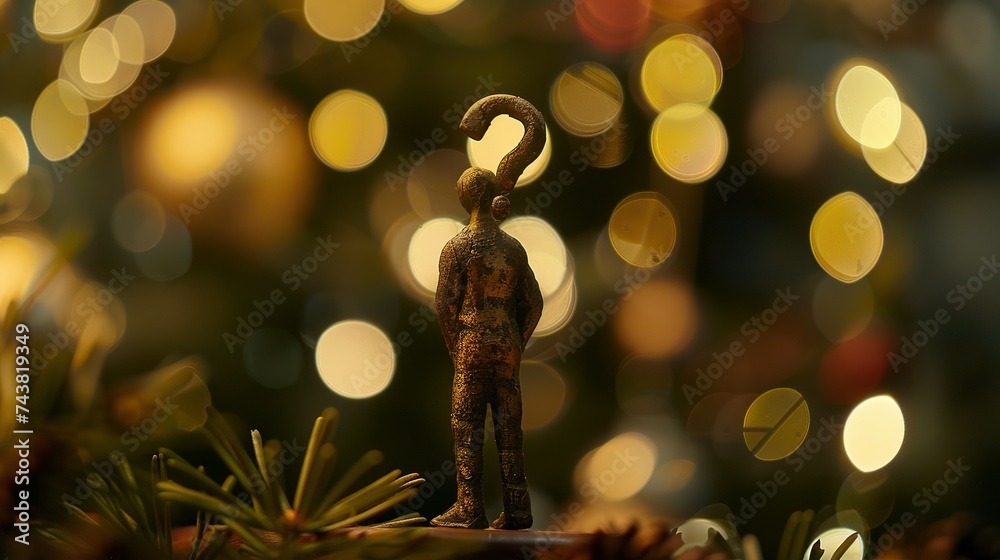 Man figurine with a question mark above his head. FAQ. Thoughts, reasoning and dreams. Introspection, asking yourself questions. Make plans and life goals. Search for answers. Doubts and fears - obrazy, fototapety, plakaty 