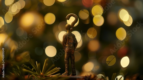Man figurine with a question mark above his head. FAQ. Thoughts, reasoning and dreams. Introspection, asking yourself questions. Make plans and life goals. Search for answers. Doubts and fears