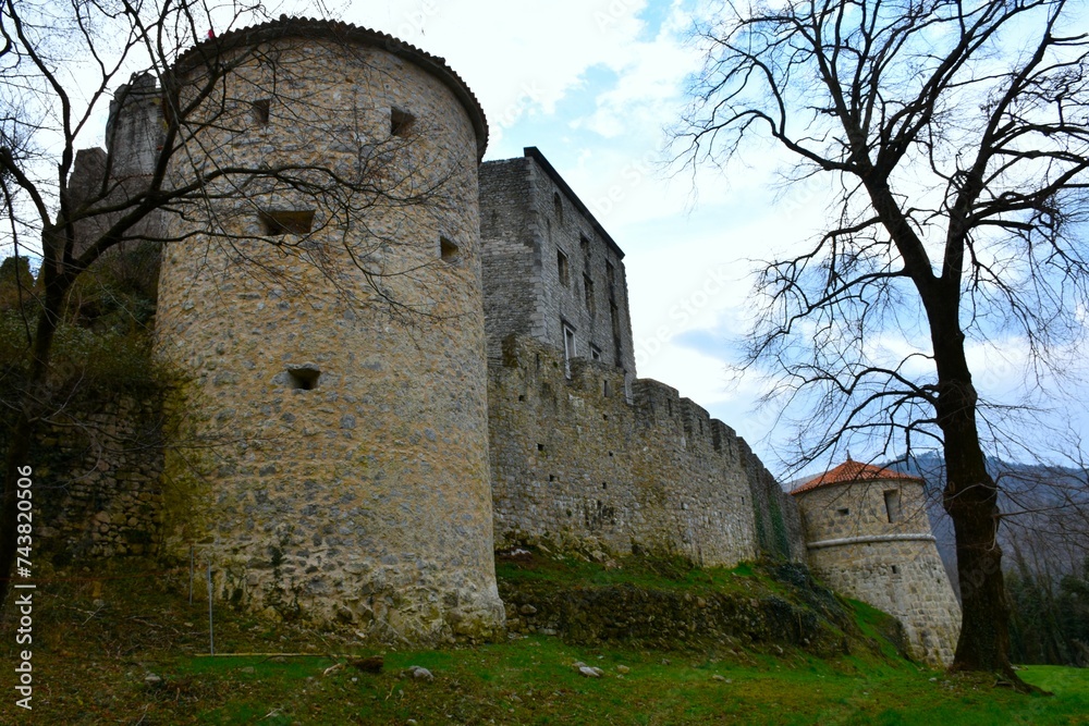 Stone walls and towers of Rihemberk castle near Brink in Primorska, Slovenia