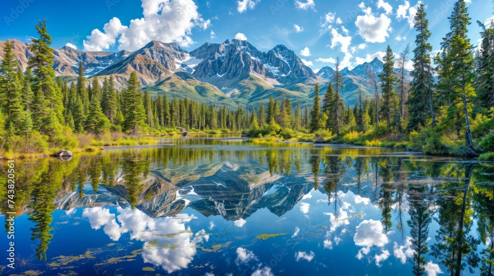 Summer Mountain Lake Landscape with Reflections and Trees