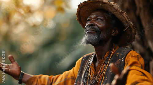 Tobacco Vendor's Delight: An African American Man Stands with Arms Outstretched, Brimming with Happiness as He Engages in Selling Tobacco Products, Finding Joy in Providing for Customers and Cultivati © Lila Patel