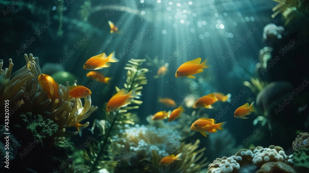 An underwater fantasy scene with luminous, iridescent fish swimming among coral reefs, illuminated by a mystical light. An underwater fantasy scene with luminous, iridescent fish swimming among coral reefs, illuminated by a mystical light.
