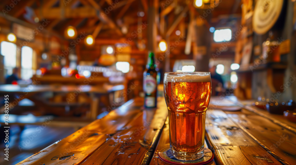A pint of craft beer in a rustic pub setting, emphasizing the rich color and inviting environment.