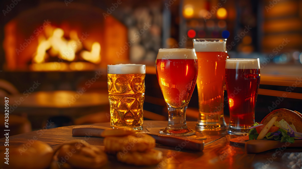 A lineup of three craft beers, each with a distinctive color from pale gold to deep amber, served in different glasses that enhance their visual appeal.