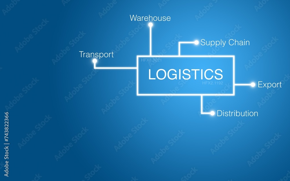 Logistics concept map with fictional tour names in front of a blue gradient background, warehouse, transport, globalization, distribution, supply chain, business, economy, import, export Logistics concept map with fictional tour names in front of a blue gradient background, warehouse, transport, globalization, distribution, supply chain, business, economy, import, export