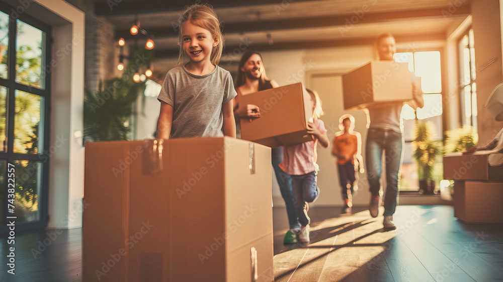 Parents and children homeowners playing with boxes on moving day. Concept of traveling to new home. - obrazy, fototapety, plakaty 