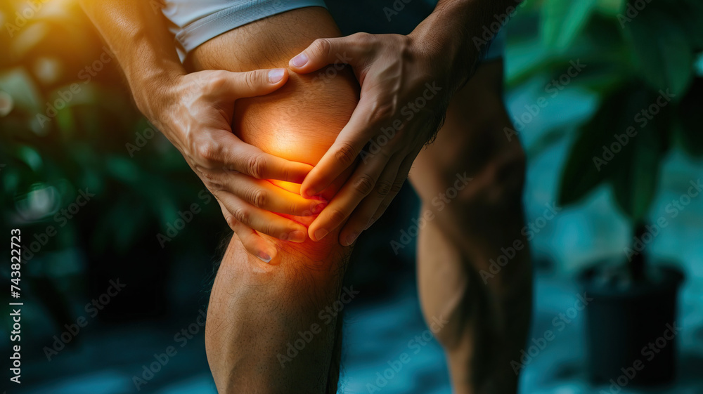 Knee Cramp Distress: A Midsection View of a Man Grimacing in Pain as He Suffers from a Knee Cramp, Highlighting the Discomfort and Limitations Caused by Muscle Cramps - obrazy, fototapety, plakaty 