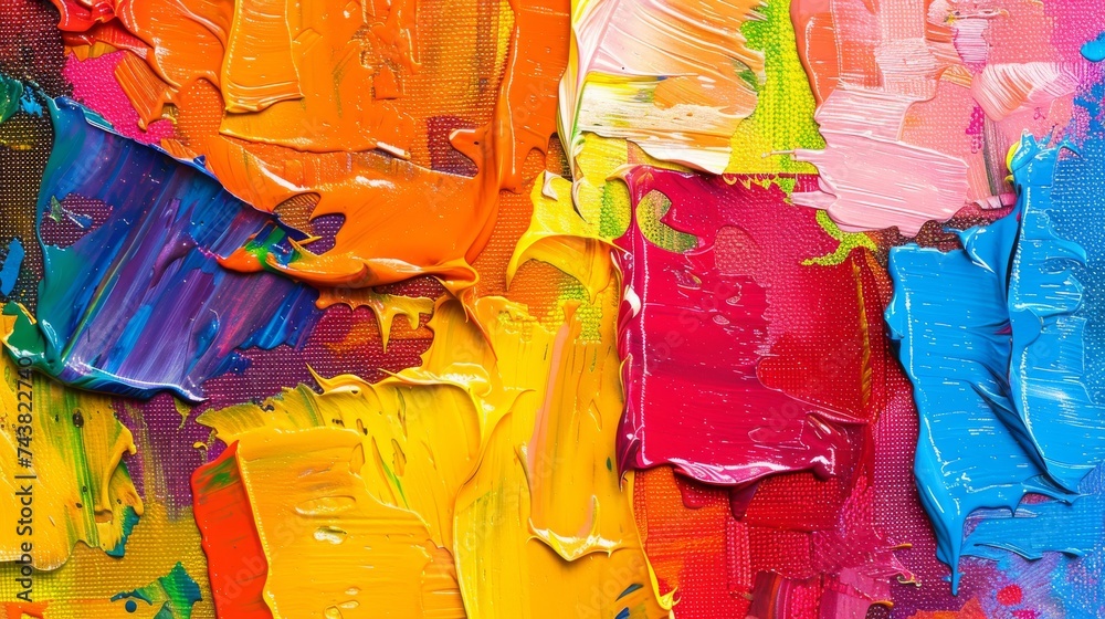 Closeup of a multicolored abstract painting illustrating the blend of textures and colors achieved with various artistic techniques.