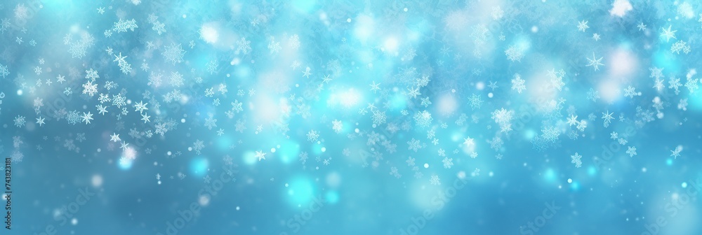 Snow flakes gently cascading on a soft blue canvas, creating a dreamlike and serene atmosphere