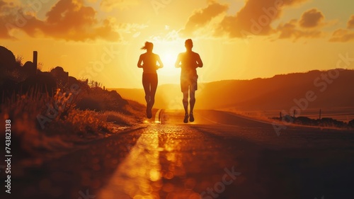 Young couple running on the road with a sunset background