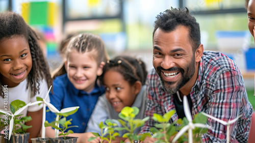 Happy diverse male teacher and children in elementary school class with windmills and plants . Science and Nature Learning. 
