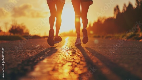 Young couple running on the road with a sunset background