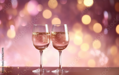 dos copas de champan rosado sobre superficie de madera, y fondo rosa y dorado desenfocado efecto bokeh