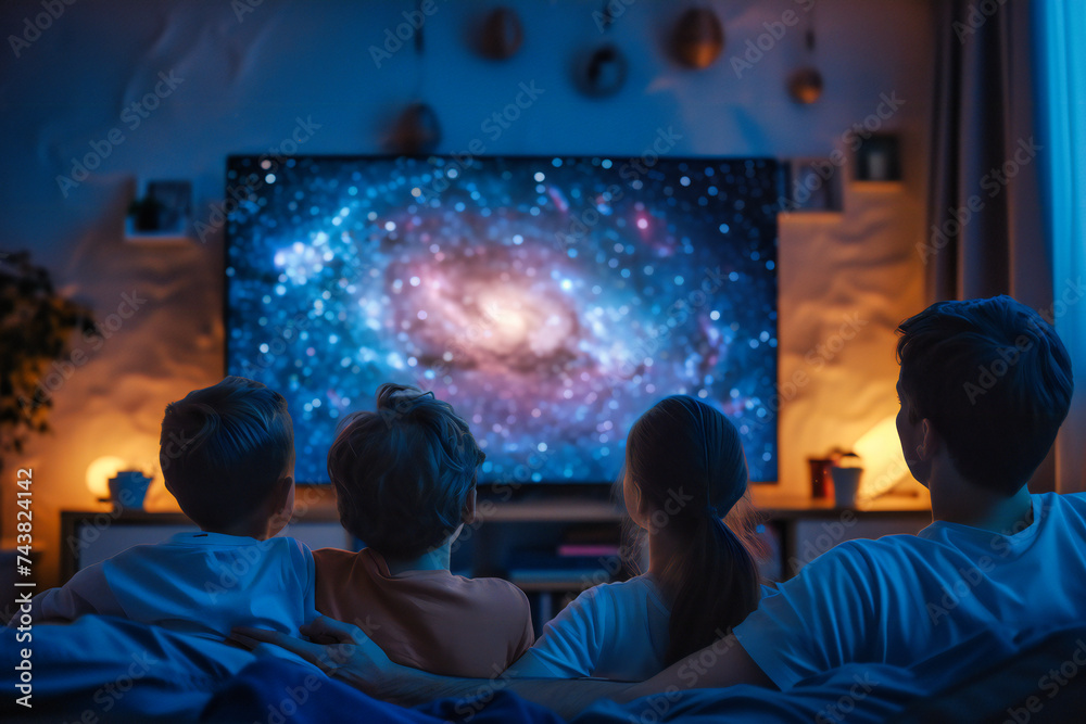Family TV Time, People Watching Television Together, Enjoyment and Entertainment at Home, Living Room Fun, Movie Night with Loved Ones, Group Leisure Activity