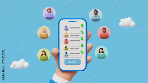 Refer a friend concept. Hands holding phone with contacts of friends. Business partnership strategy with group of people. Network marketing, Referring friends, affiliate marketing. 4k 3d animation photo
