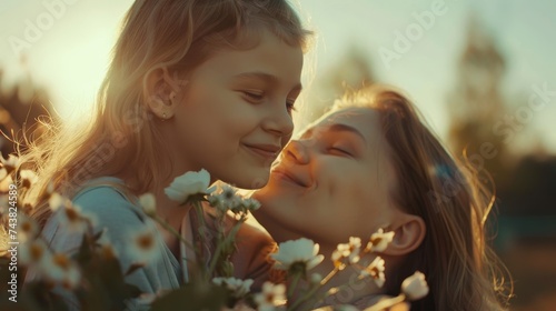 Child daughter congratulates mom and gives her flowers. Mum and girl smiling and hugging. Family holiday.