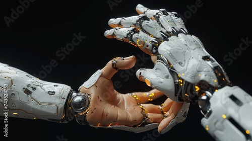 In this picture, a robot and human hand are pictured with a flash light and virtual screen projected on a black background. An artificial intelligence, future technology, and business concept.