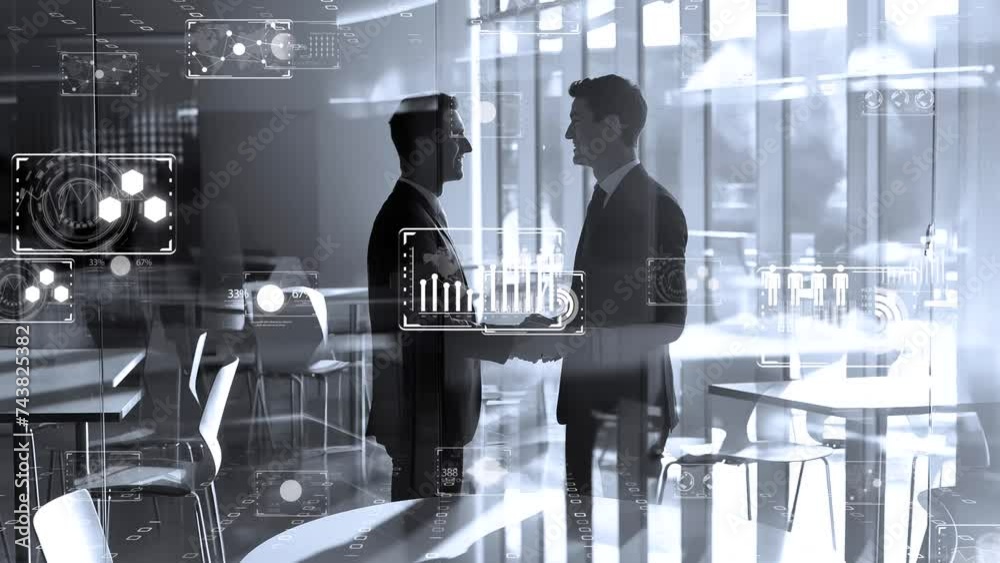 Two professionals shaking hands in a high-tech corporate environment ...