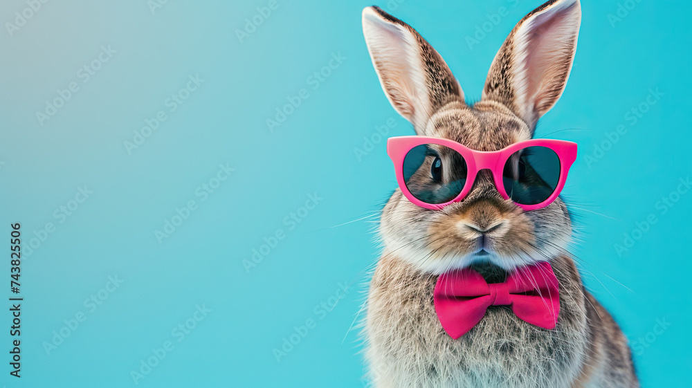 Funny easter concept holiday animal celebration greeting card - Cool easter bunny, rabbit with pink sunglasses and bow tie, isolated on blue
