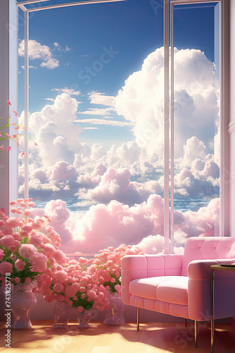 room with pink sofa and panoramic windows facing the sky with white clouds. vertical orientation