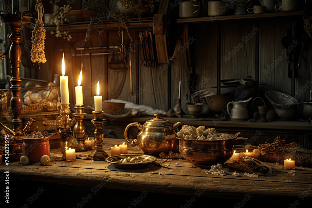 old wooden interior of a country house. Table with dry flowers and candles with various old dishes.
