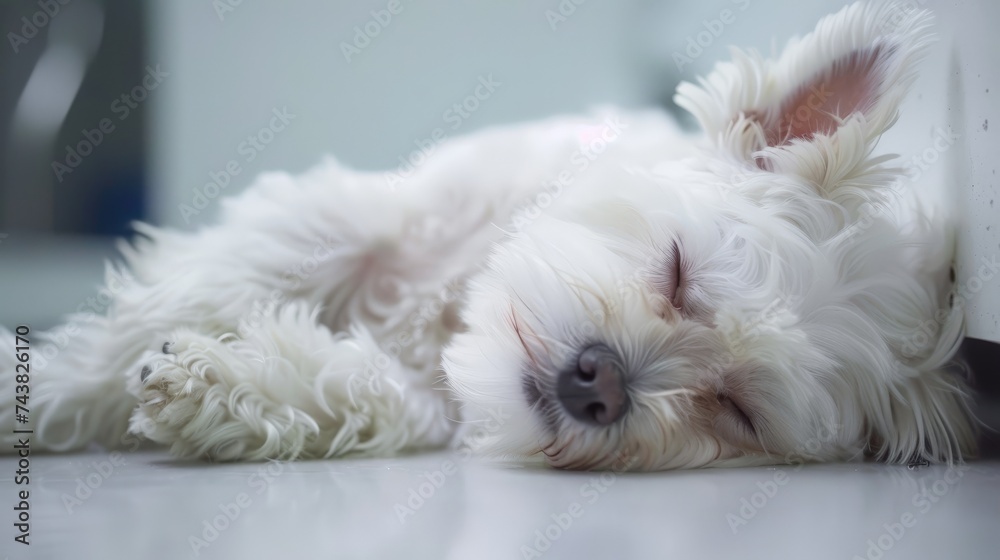 At the white animal hospital, a cute white dog sleeps peacefully as it receives medical care and attention for a canine health condition. The dedicated staff at the domestic clinic is treating its At the white animal hospital, a cute white dog sleeps peacefully as it receives medical care and attention for a canine health condition. The dedicated staff at the domestic clinic is treating its