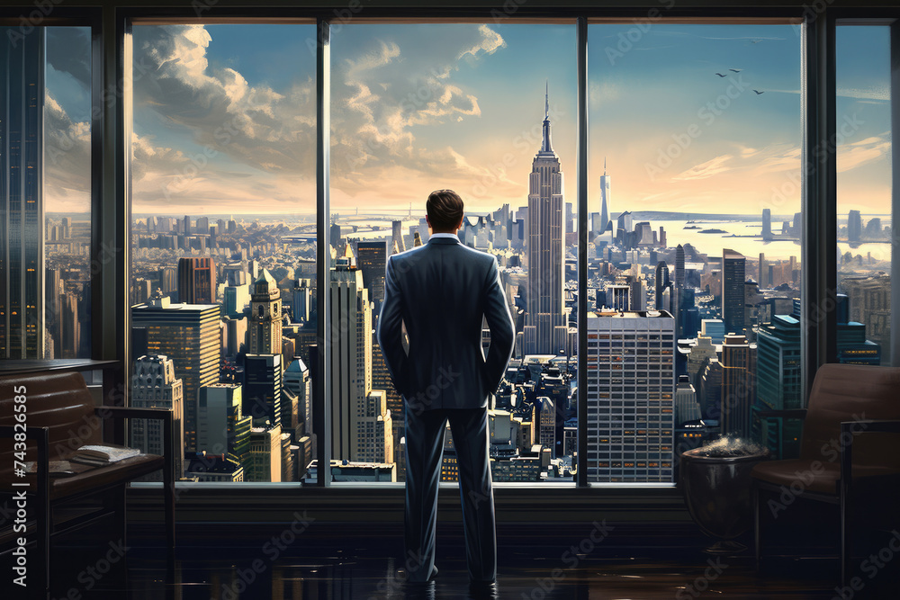 Businessman enjoying the skyscrapers through a glass window. Businessman standing in office room