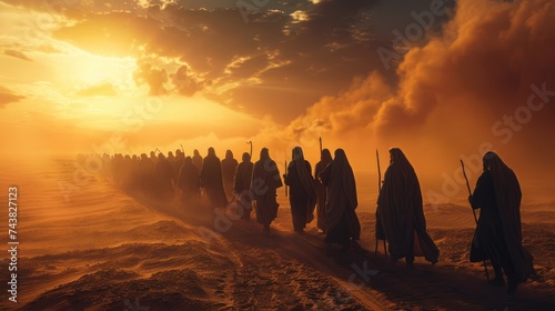 Moses leads jews through desert, biblical journey to promised land in sinai. religious historical escape narrated in bible, showcasing moses leadership and divine intervention in israelite exodus. © Alla