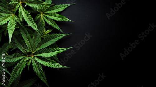 Green cannabis leaf close up on black background with sunbeam and glow. Medical marijuana cultivation. Copy space banner. Cannabis legalization.