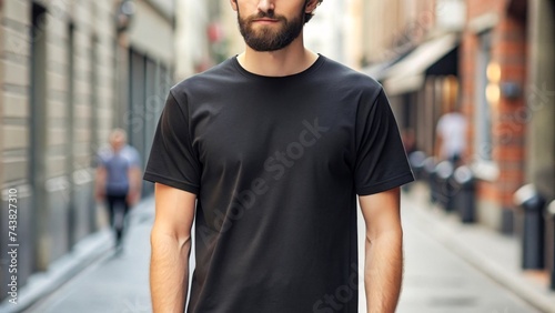 Young man in a black t-shirt on a city street. empty space for mockup