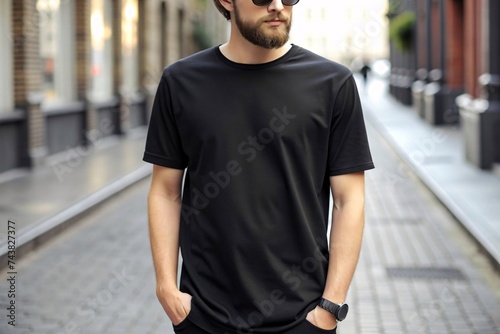 Young man in a black t-shirt on a city street. empty space for mockup